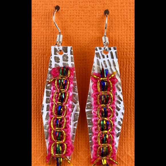 Earrings Faux leather, Dangle Metalic Earrings - Picture 4 of 7